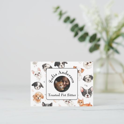 写真カスタムと名前の付いたペットシッターの名刺 名刺 (スタンド正面)