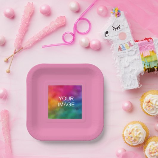 写真カスタムの画像またはロゴをここにピンク色の正方形 ペーパープレート (パーティー)