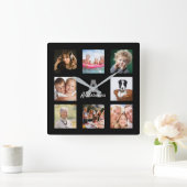 写真カスタムコラージュファミリーモノグラムネームブラック スクエア壁時計 (ホーム)