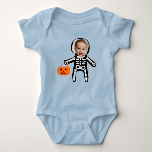 写真カスタムスケルトンハロウィーントリックまたはトリート ベビーボディスーツ (正面)