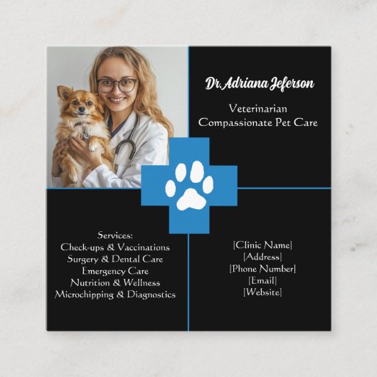写真カスタム付き獣医ビジネスカード スクエア名刺 (正面)