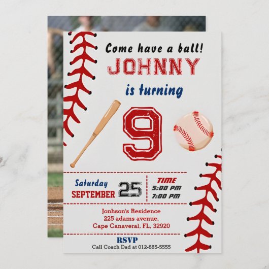 写真カスタム付き誕生日野球招待状 招待状 (正面/裏面)