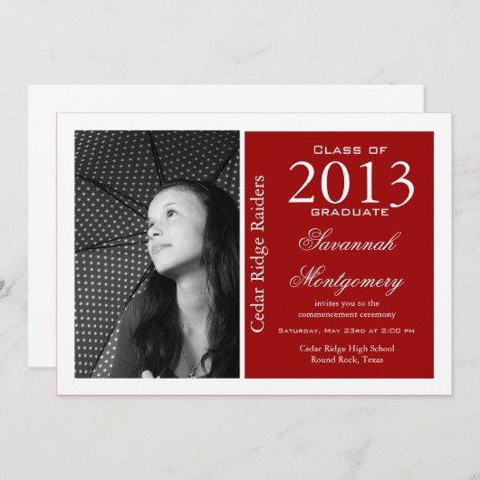 写真カスタム卒業発表（赤） 招待状 (正面/裏面)