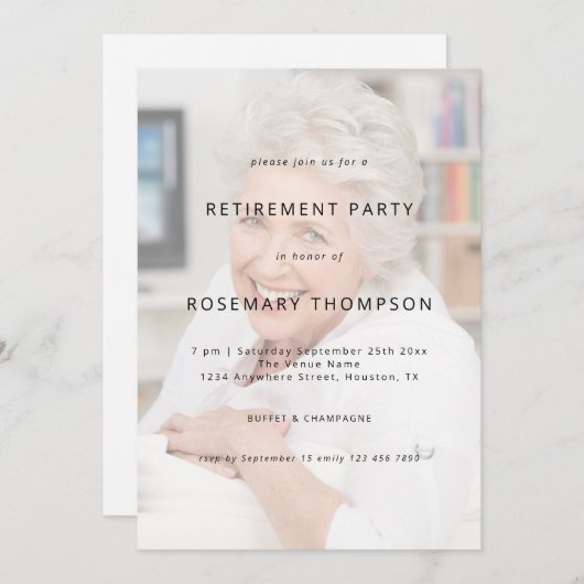 写真カスタム文字の上に置かれたパーティー 招待状 (正面/裏面)