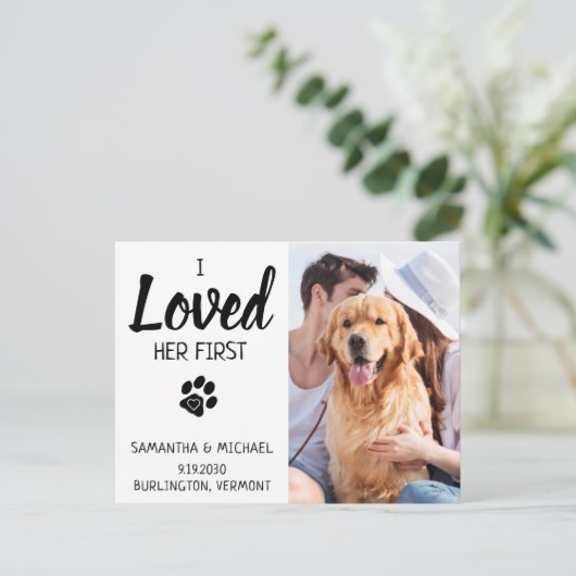 写真カスタム犬の結婚式の日付を保存 案内ポストカード (スタンド正面)