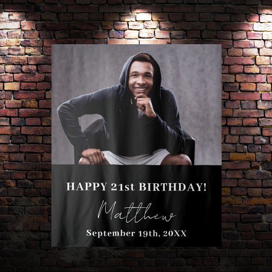 写真カスタム白黒モダン男の誕生日 タペストリー