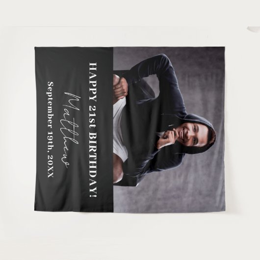 写真カスタム白黒モダン男の誕生日 タペストリー (正面(横))