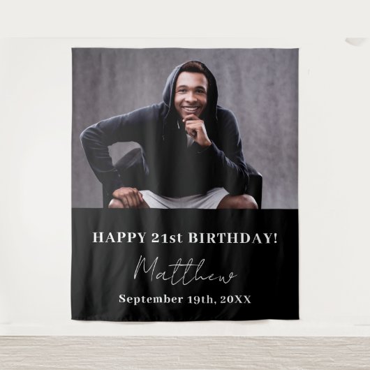 写真カスタム白黒モダン男の誕生日 タペストリー (正面)