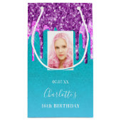 写真カスタム誕生日ティール（緑がかった色）紫グリッター乾燥 スモールペーパーバッグ (裏面)