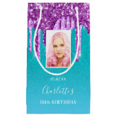 写真カスタム誕生日ティール（緑がかった色）紫グリッター乾燥 スモールペーパーバッグ (正面)