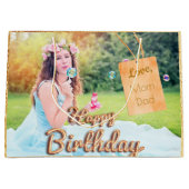 写真カスタム誕生日バルーン金ゴールド名タグ ラージペーパーバッグ (正面)