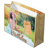 写真カスタム誕生日バルーン金ゴールド名タグ ラージペーパーバッグ (正面アングル)