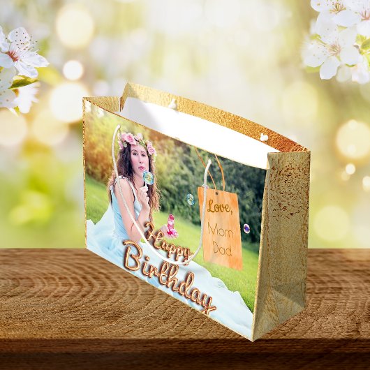 写真カスタム誕生日バルーン金ゴールド名タグ ラージペーパーバッグ