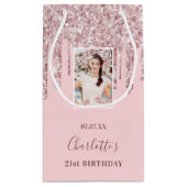 写真カスタム誕生日赤面ピンクグリッタードリップ スモールペーパーバッグ (裏面)