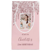 写真カスタム誕生日赤面ピンクグリッタードリップ スモールペーパーバッグ (正面)