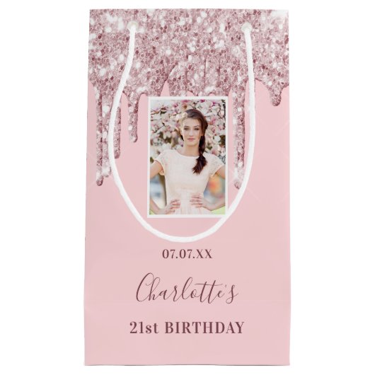 写真カスタム誕生日赤面ピンクグリッタードリップ スモールペーパーバッグ (正面)