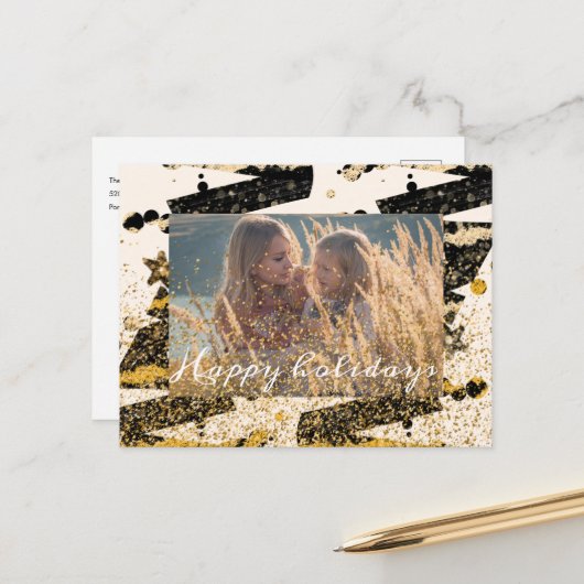 写真カスタム金ゴールドスタイリッシュブラックのクリスマスツリー ポストカード (正面/裏面インサイチュ)