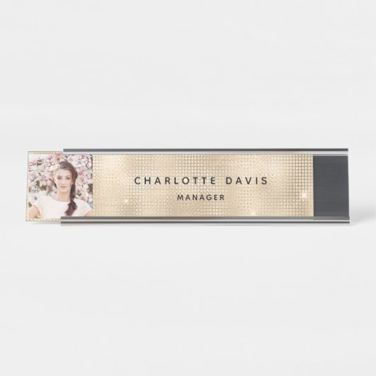 写真カスタム金ゴールドモノグラモダンム デスクネームプレート (正面)