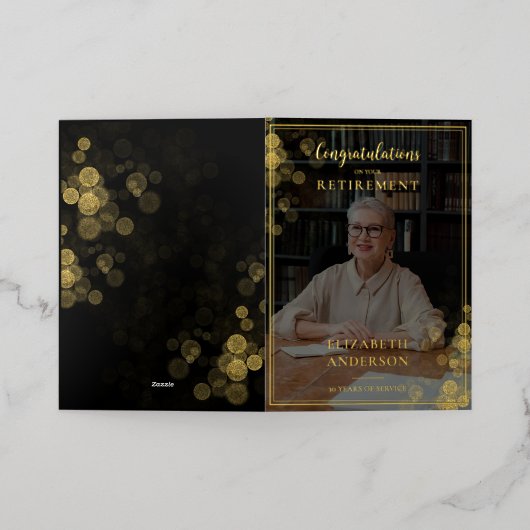 写真カスタム金ゴールド紙吹雪退職従業員 箔グリーティングカード (外側レイダウン)