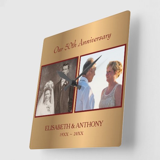 写真カスタム金ゴールド記念日 スクエア壁時計 (傾斜)