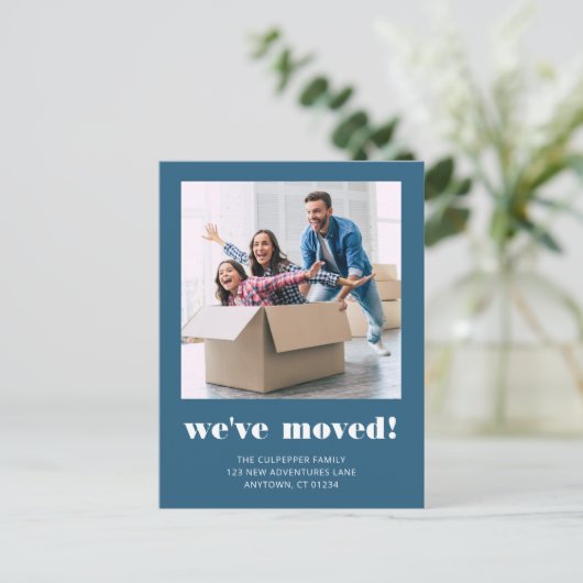 写真カスタム青の動きの発表 ポストカード (スタンド正面)