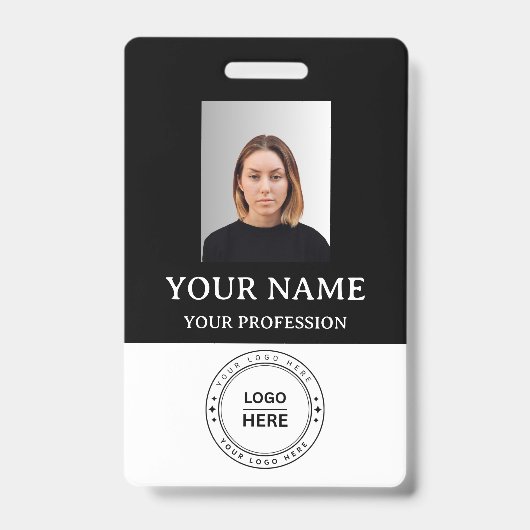 写真カスタム、ロゴ、QR付き黒の従業員バッジ バッジ (正面)