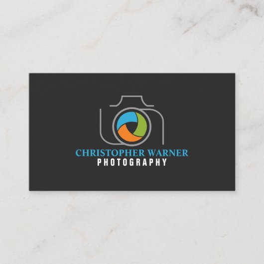 写真カメラシャッター緑オレンジ青グレー 名刺 (正面)