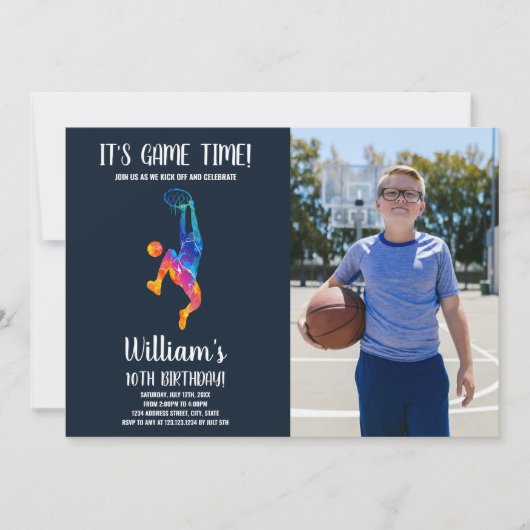 写真カラフル付きバスケットボール誕生日招待状 招待状 (正面)