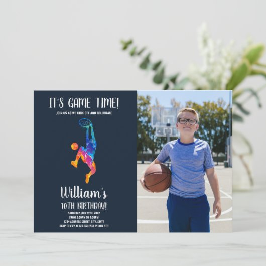 写真カラフル付きバスケットボール誕生日招待状 招待状 (スタンド正面)