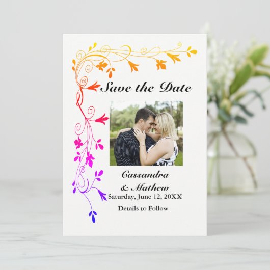 写真カラフル日付カード付き救フローラつる植物 セーブザデート (スタンド正面)