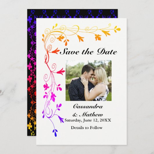 写真カラフル日付カード付き救フローラつる植物 セーブザデート (正面/裏面)