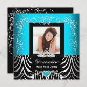 写真キンセアニェラ15誕生日ティール（緑がかった色）ブルーゼブラ 招待状 (正面/裏面)