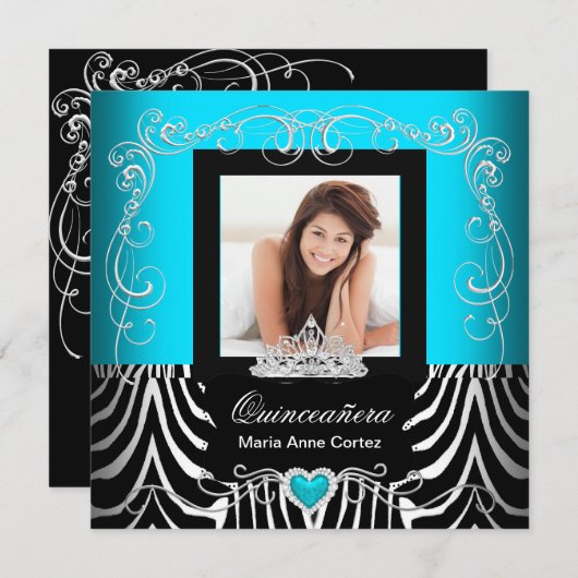 写真キンセアニェラ15誕生日ティール（緑がかった色）ブルーゼブラ 招待状 (正面/裏面)