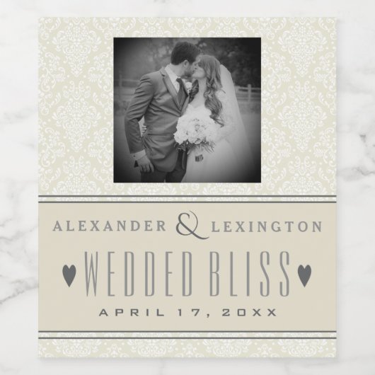 写真クラシックのエレガントダマスク結婚式 ワインラベル (シングルラベル)