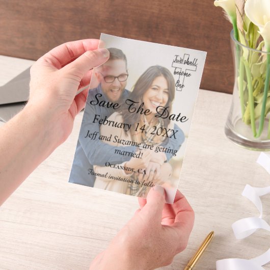 写真クリスチャンの発表の日付を保存婚約したする ベラム紙招待状 (ポータブル)