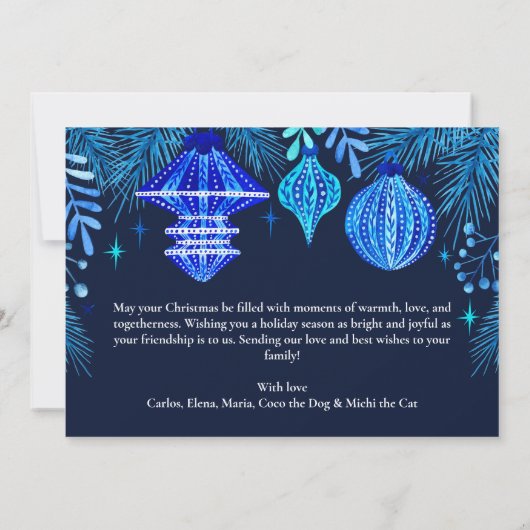 写真クリスマスバウベル海軍ブルーウォーターカラーファミリー シーズンカード (裏面)