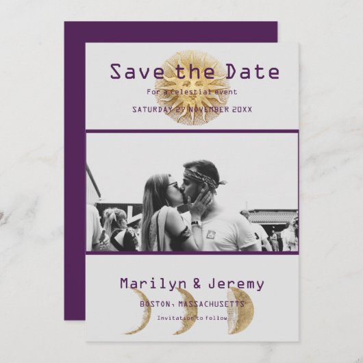 写真グランジ紫〔占星術の〕十二宮図フラット日付の保存 セーブザデート (正面/裏面)