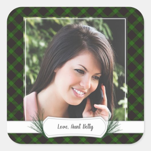 写真グリーンチェッククリスマスギフトタグステッカー スクエアシール (正面)