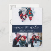 写真コラージュが手書きで日付ネイビーブルーを保存 案内ポストカード (正面/裏面)