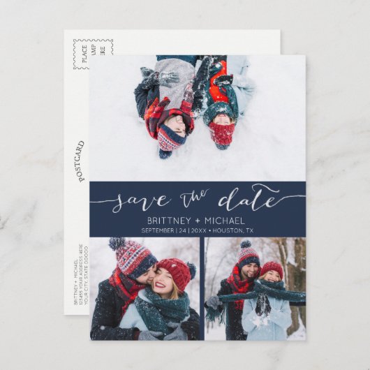 写真コラージュが手書きで日付ネイビーブルーを保存 案内ポストカード (正面/裏面)