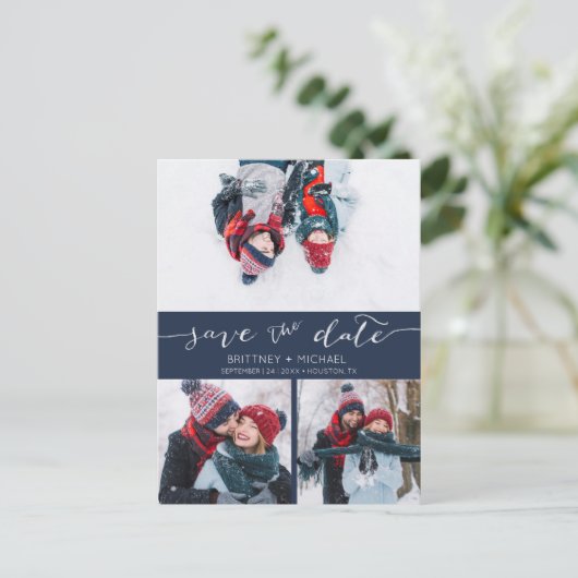 写真コラージュが手書きで日付ネイビーブルーを保存 案内ポストカード (スタンド正面)