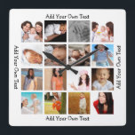 写真コラージュの一種パーソナライズされた スクエア壁時計<br><div class="desc">Photo Collageデザイカスタムナーの時計Ricasoから…自分の写真/文字をアップロードし、自分の写真を追加…自分の壁時計をデザインするための簡単 – 背景と文字の色をクリックのカスタマイズで変更する</div>