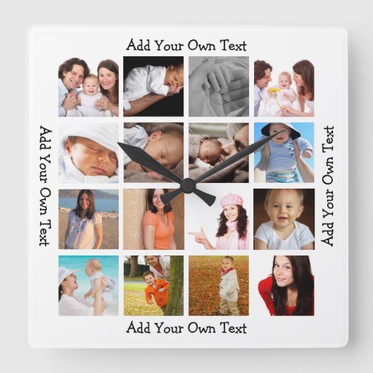 写真コラージュの一種パーソナライズされた スクエア壁時計 (正面)
