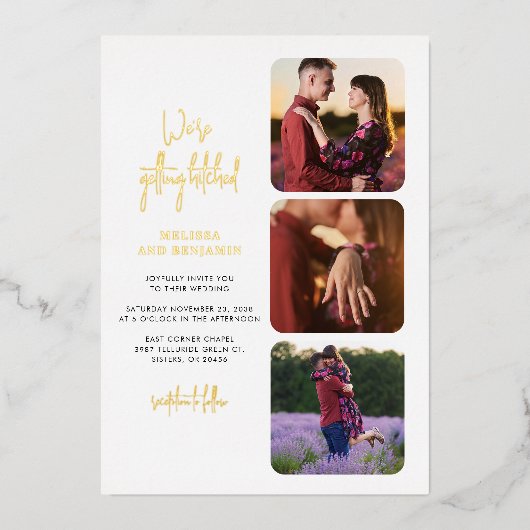 写真コラージュの金ゴールドを取得結婚中 箔招待状 (正面)