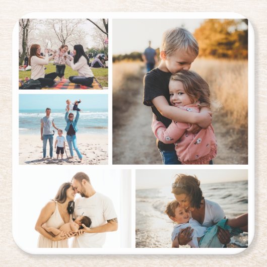 写真コラージュアイディアギフト作成5枚の写真 スクエアペーパーコースター (正面)