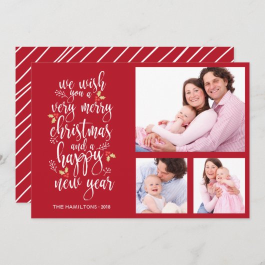 写真コラージュクリスマスカード 3枚の写真 招待状 (正面/裏面)