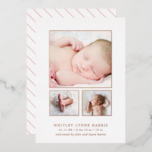 写真コラージュバラ金ゴールド女の子の誕生のお知らせ 箔招待状 (正面/裏面)