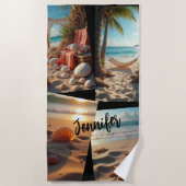 写真コラージュビーチライフの貝殻 ビーチタオル (正面)