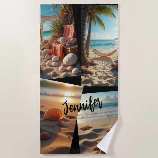 写真コラージュビーチライフの貝殻 ビーチタオル (正面)