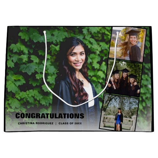 写真コラージュブラック卒業式おめでとう ラージペーパーバッグ (正面)